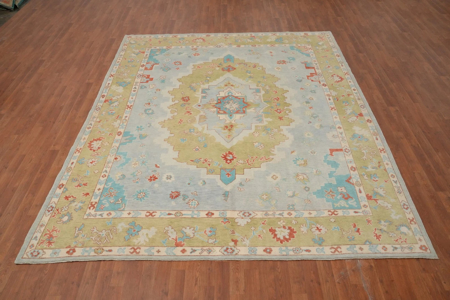 Blue and Gold Diamond Medallion Heriz Serapi Geometric Traditional 8x10 Hand Knotted Wool Area Rug