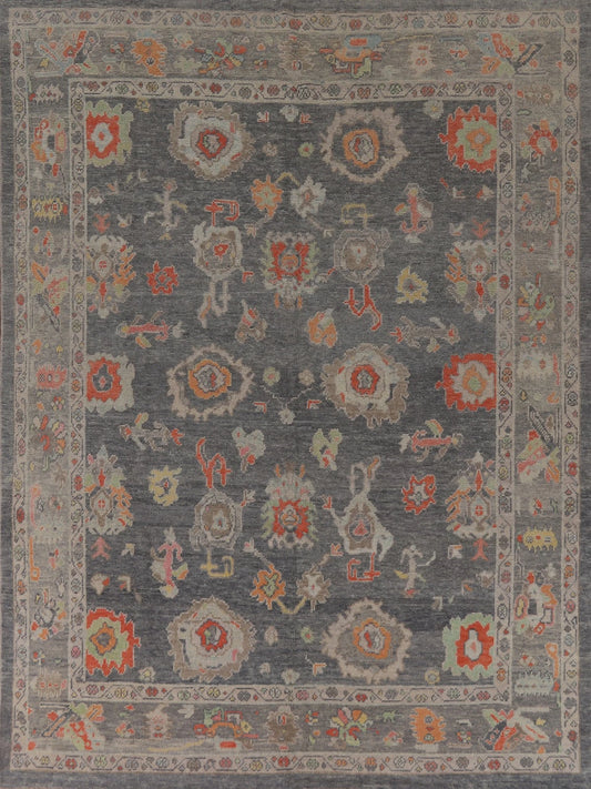 Hand Knotted Vintage Oushak Dramatic Charcoal and Coral 8x10 All-Over Bold Floral Wool Area Rug 
