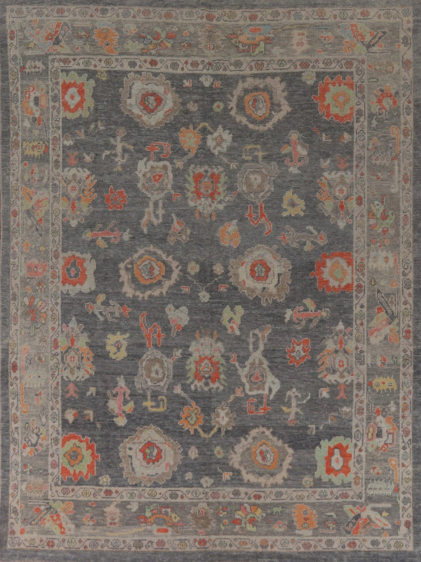 Hand Knotted Vintage Oushak Dramatic Charcoal and Coral 8x10 All-Over Bold Floral Wool Area Rug