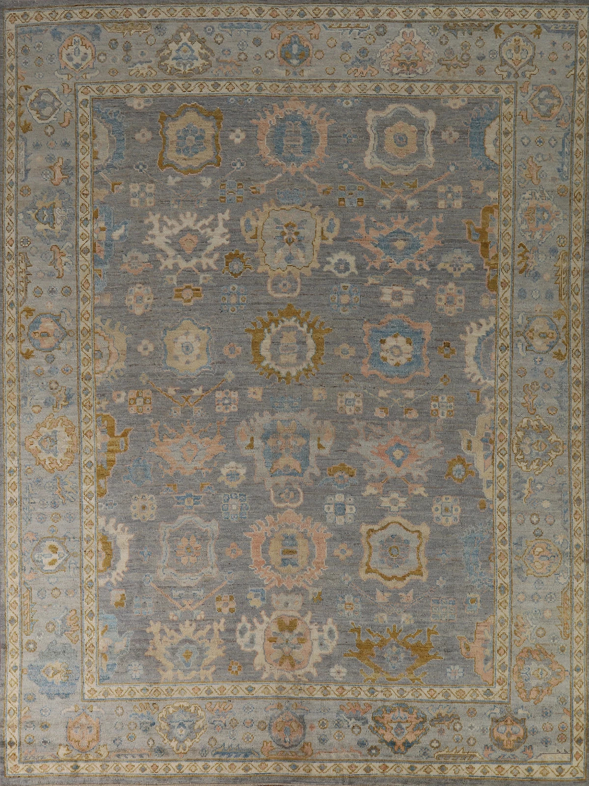 Slate Blue and Gold 8x10 Hand Knotted Serene Oushak All-Over Floral Medallion Scatter Wool Area Rug
