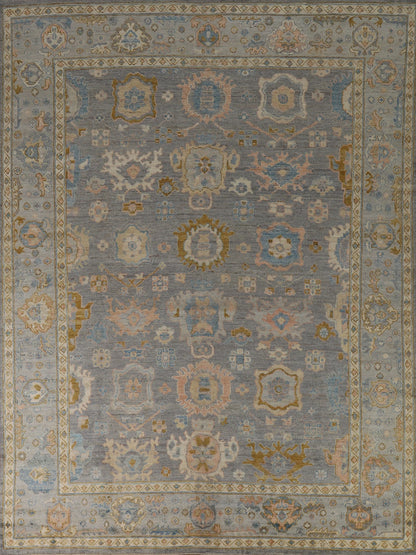 Slate Blue and Gold 8x10 Hand Knotted Serene Oushak All-Over Floral Medallion Scatter Wool Area Rug