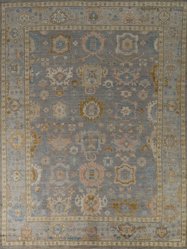Slate Blue and Gold 8x10 Hand Knotted Serene Oushak All-Over Floral Medallion Scatter Wool Area Rug