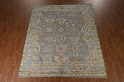 Slate Blue and Gold 8x10 Hand Knotted Serene Oushak All-Over Floral Medallion Scatter Wool Area Rug