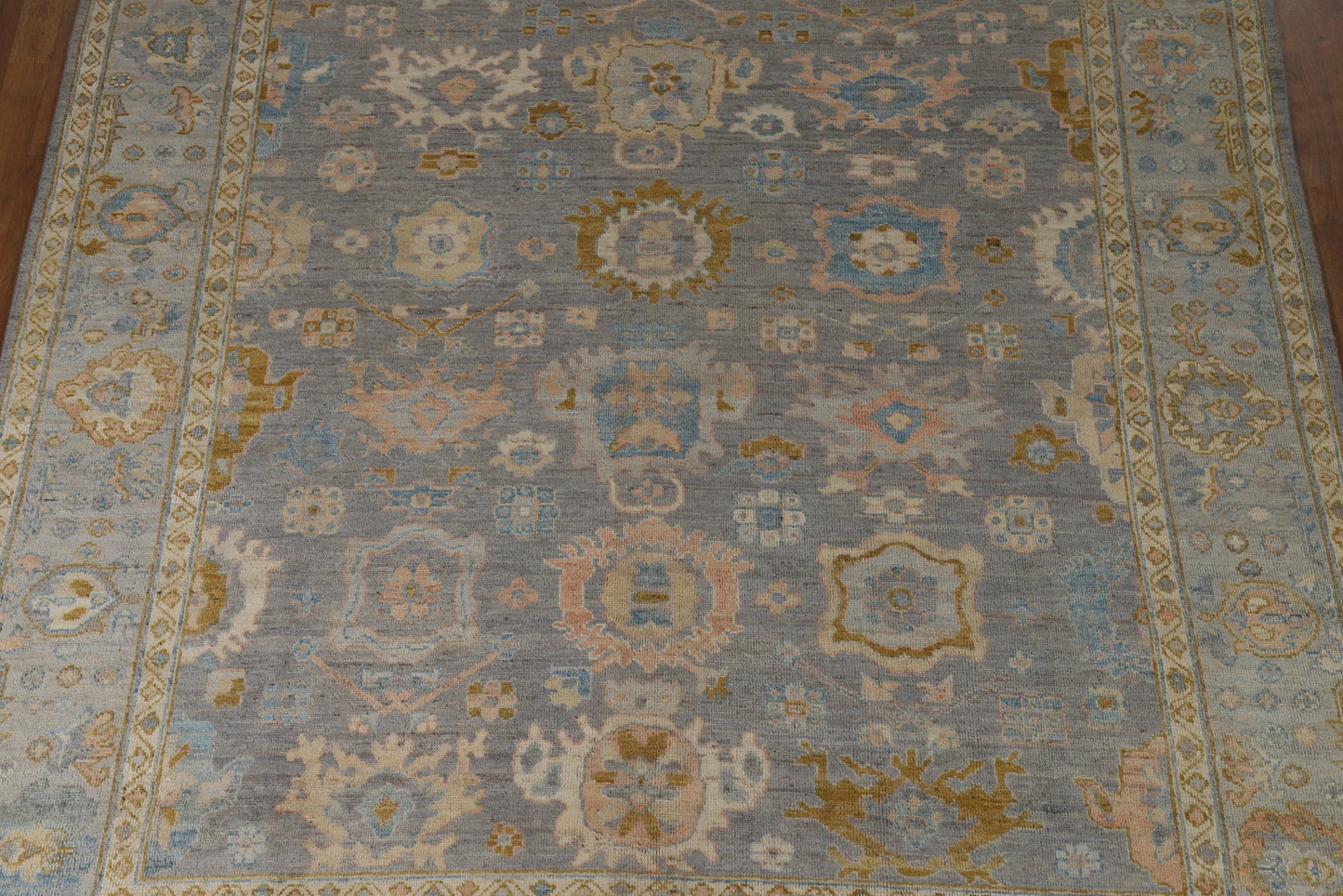 Slate Blue and Gold 8x10 Hand Knotted Serene Oushak All-Over Floral Medallion Scatter Wool Area Rug
