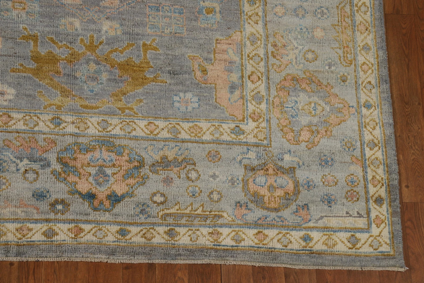 Slate Blue and Gold 8x10 Hand Knotted Serene Oushak All-Over Floral Medallion Scatter Wool Area Rug