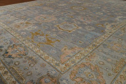 Slate Blue and Gold 8x10 Hand Knotted Serene Oushak All-Over Floral Medallion Scatter Wool Area Rug