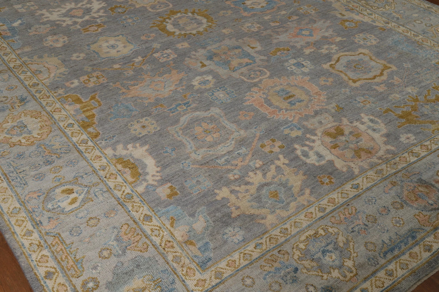 Slate Blue and Gold 8x10 Hand Knotted Serene Oushak All-Over Floral Medallion Scatter Wool Area Rug