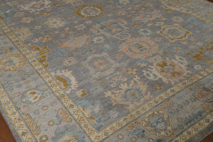 Slate Blue and Gold 8x10 Hand Knotted Serene Oushak All-Over Floral Medallion Scatter Wool Area Rug