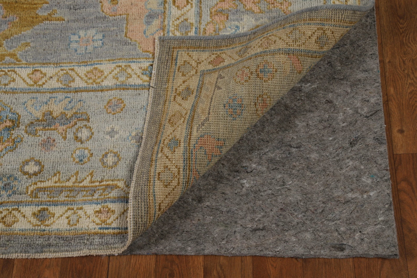 Slate Blue and Gold 8x10 Hand Knotted Serene Oushak All-Over Floral Medallion Scatter Wool Area Rug