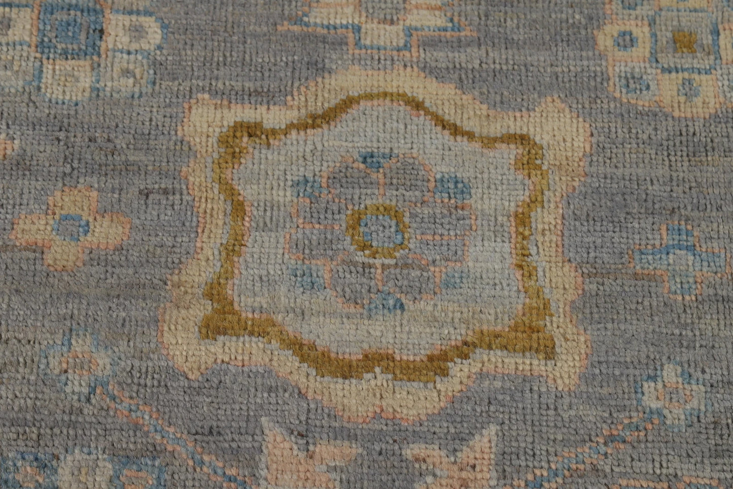 Slate Blue and Gold 8x10 Hand Knotted Serene Oushak All-Over Floral Medallion Scatter Wool Area Rug