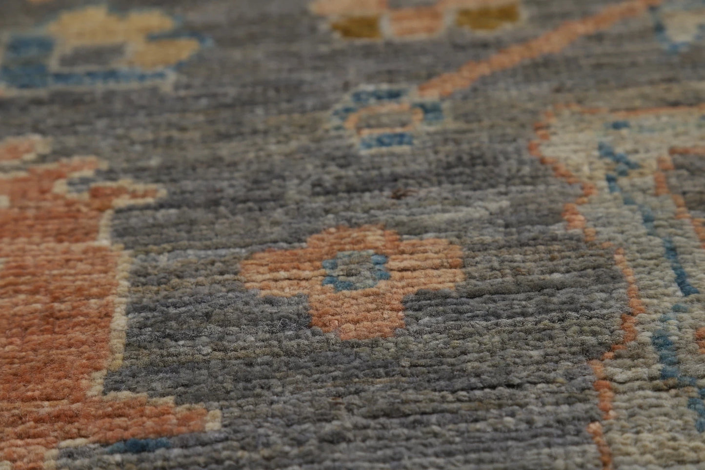 Slate Blue and Gold 8x10 Hand Knotted Serene Oushak All-Over Floral Medallion Scatter Wool Area Rug