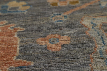 Slate Blue and Gold 8x10 Hand Knotted Serene Oushak All-Over Floral Medallion Scatter Wool Area Rug