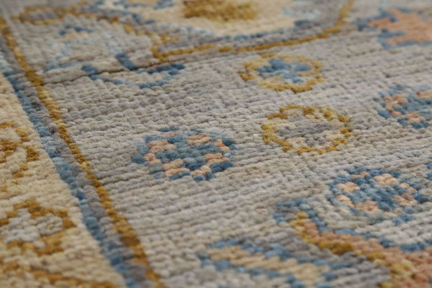 Slate Blue and Gold 8x10 Hand Knotted Serene Oushak All-Over Floral Medallion Scatter Wool Area Rug