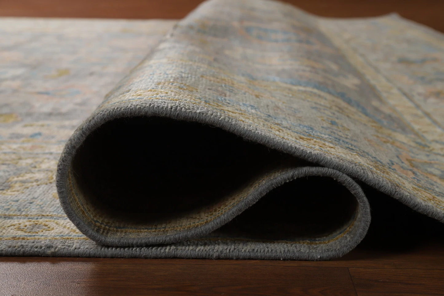 Slate Blue and Gold 8x10 Hand Knotted Serene Oushak All-Over Floral Medallion Scatter Wool Area Rug