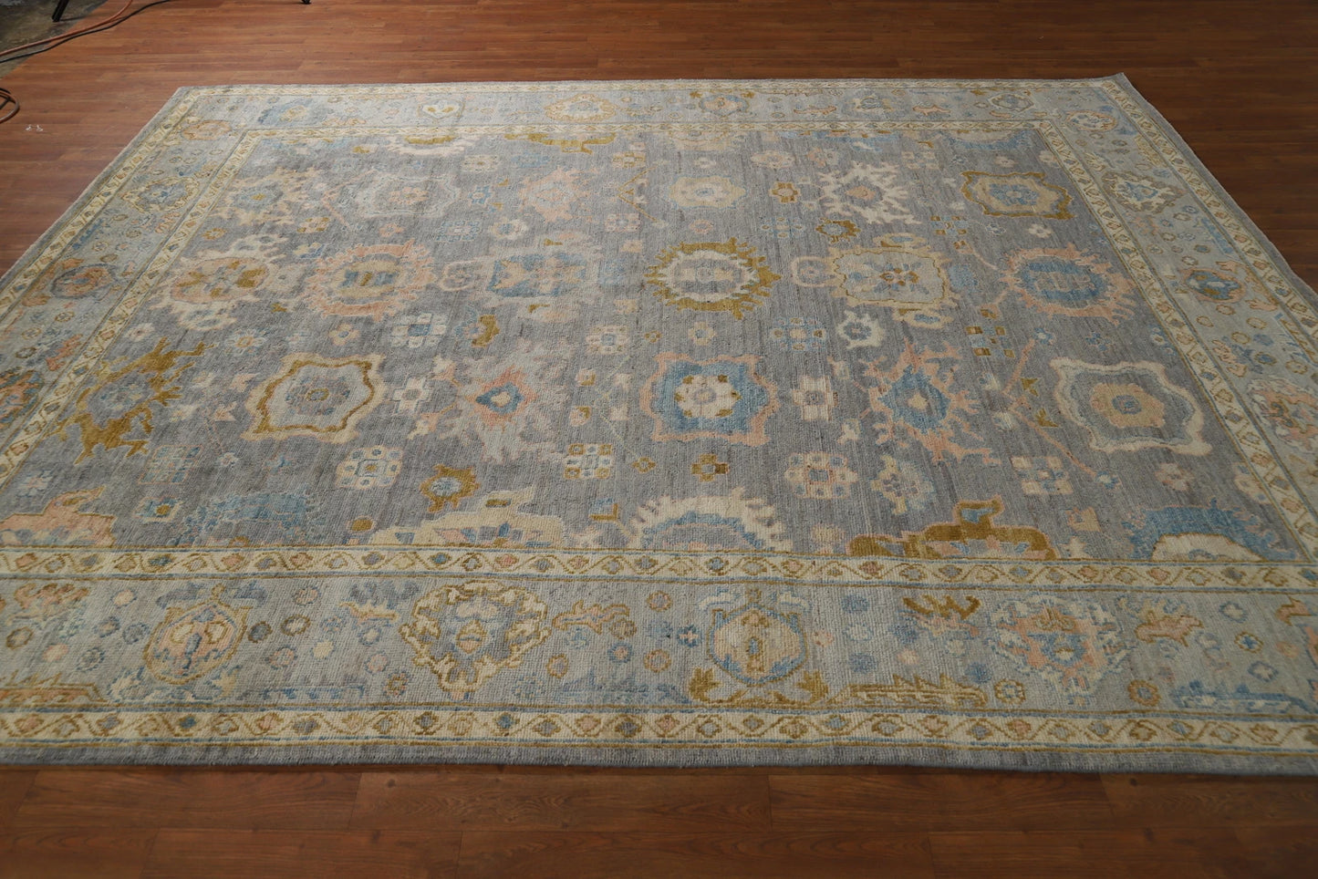 Slate Blue and Gold 8x10 Hand Knotted Serene Oushak All-Over Floral Medallion Scatter Wool Area Rug