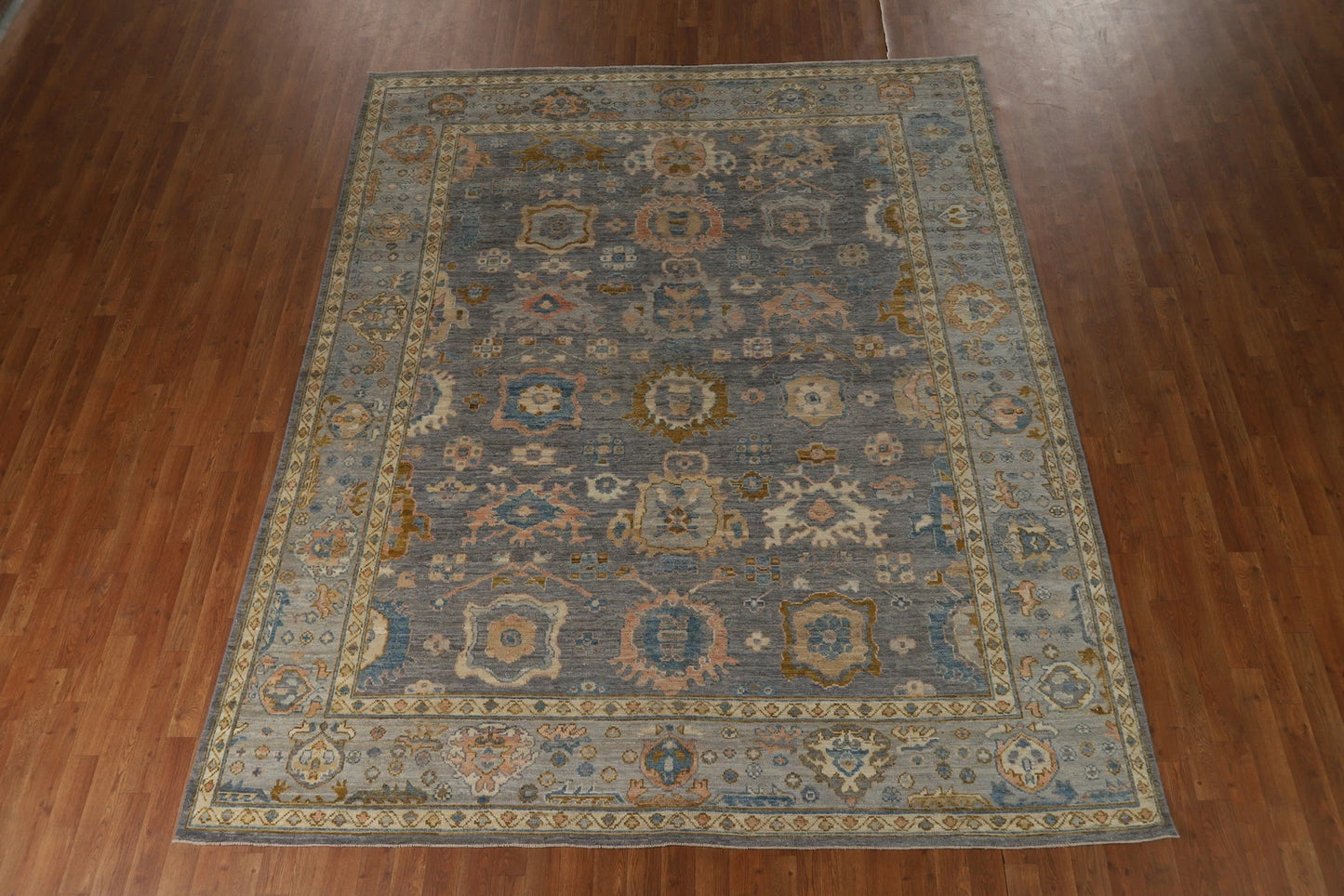 Slate Blue and Gold 8x10 Hand Knotted Serene Oushak All-Over Floral Medallion Scatter Wool Area Rug