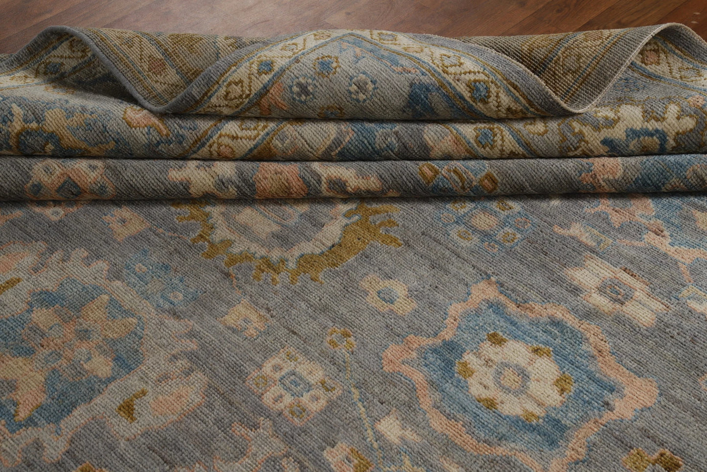 Slate Blue and Gold 8x10 Hand Knotted Serene Oushak All-Over Floral Medallion Scatter Wool Area Rug