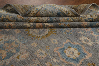 Slate Blue and Gold 8x10 Hand Knotted Serene Oushak All-Over Floral Medallion Scatter Wool Area Rug