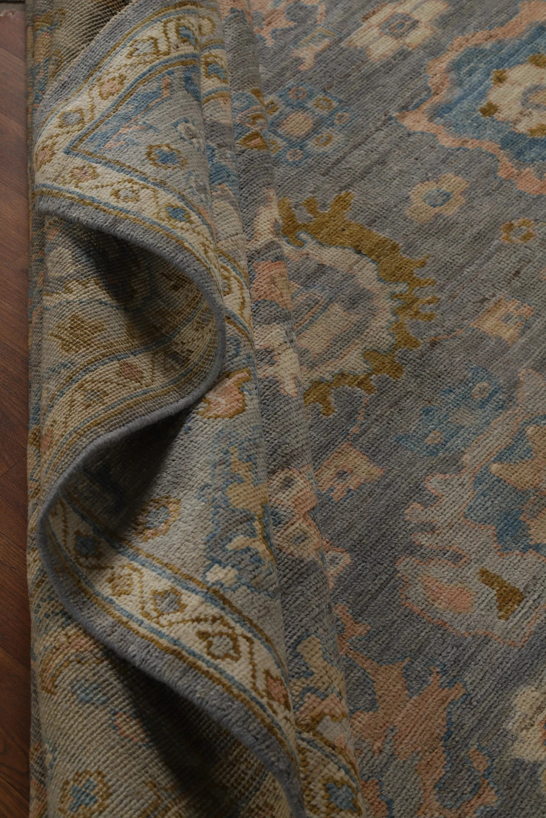 Slate Blue and Gold 8x10 Hand Knotted Serene Oushak All-Over Floral Medallion Scatter Wool Area Rug