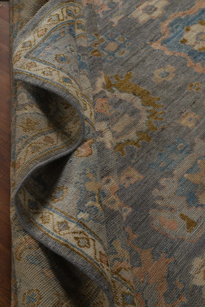Slate Blue and Gold 8x10 Hand Knotted Serene Oushak All-Over Floral Medallion Scatter Wool Area Rug