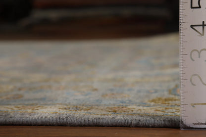 Slate Blue and Gold 8x10 Hand Knotted Serene Oushak All-Over Floral Medallion Scatter Wool Area Rug