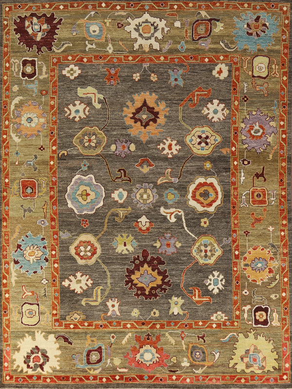 Dazzling Jewel-Tone Charcoal and Coral 8x10 Hand Knotted Oushak Multicolour All-Over Floral Wool Area Rug
