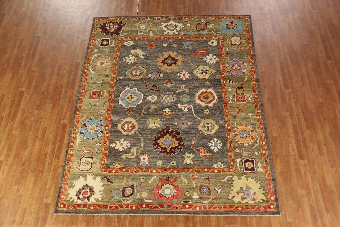 Dazzling Jewel-Tone Charcoal and Coral 8x10 Hand Knotted Oushak Multicolour All-Over Floral Wool Area Rug