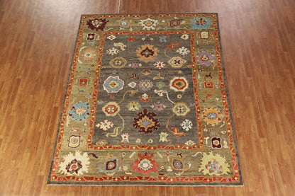 Dazzling Jewel-Tone Charcoal and Coral 8x10 Hand Knotted Oushak Multicolour All-Over Floral Wool Area Rug