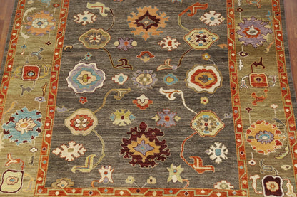 Dazzling Jewel-Tone Charcoal and Coral 8x10 Hand Knotted Oushak Multicolour All-Over Floral Wool Area Rug