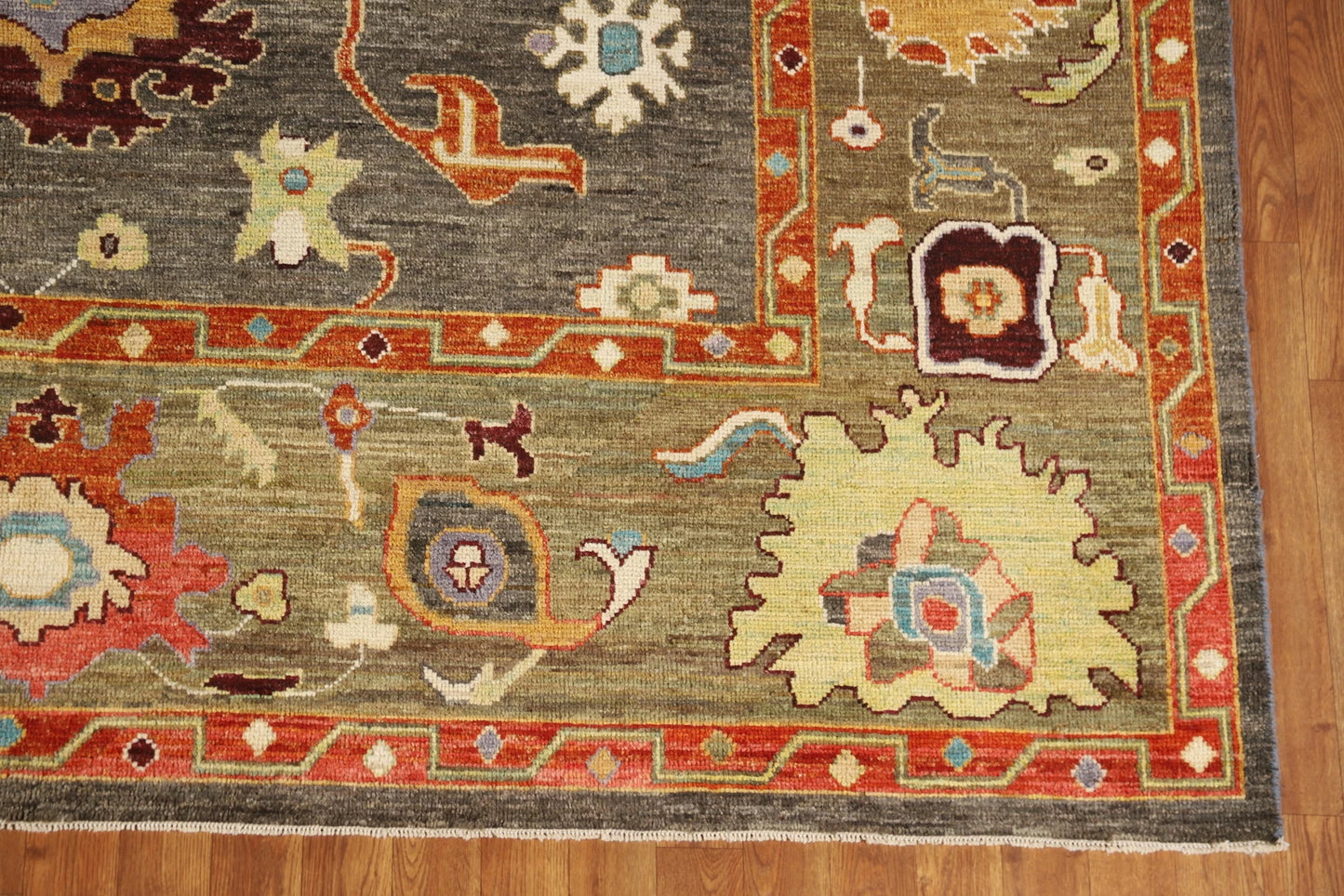 Dazzling Jewel-Tone Charcoal and Coral 8x10 Hand Knotted Oushak Multicolour All-Over Floral Wool Area Rug