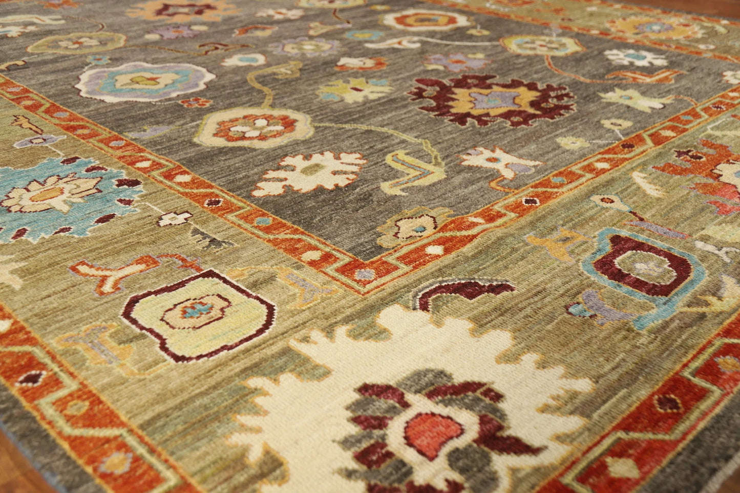 Dazzling Jewel-Tone Charcoal and Coral 8x10 Hand Knotted Oushak Multicolour All-Over Floral Wool Area Rug