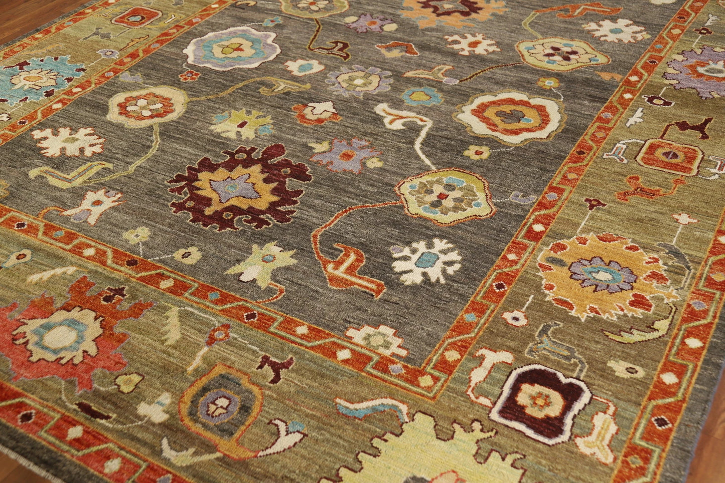 Dazzling Jewel-Tone Charcoal and Coral 8x10 Hand Knotted Oushak Multicolour All-Over Floral Wool Area Rug