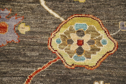 Dazzling Jewel-Tone Charcoal and Coral 8x10 Hand Knotted Oushak Multicolour All-Over Floral Wool Area Rug