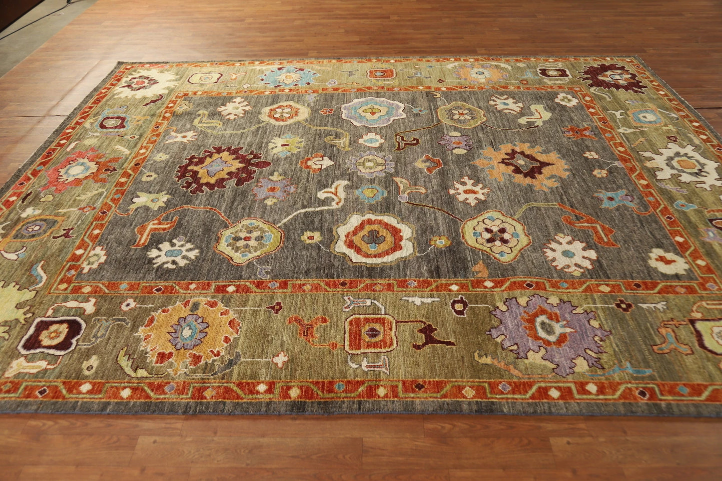 Dazzling Jewel-Tone Charcoal and Coral 8x10 Hand Knotted Oushak Multicolour All-Over Floral Wool Area Rug