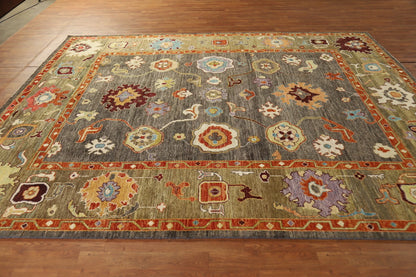 Dazzling Jewel-Tone Charcoal and Coral 8x10 Hand Knotted Oushak Multicolour All-Over Floral Wool Area Rug