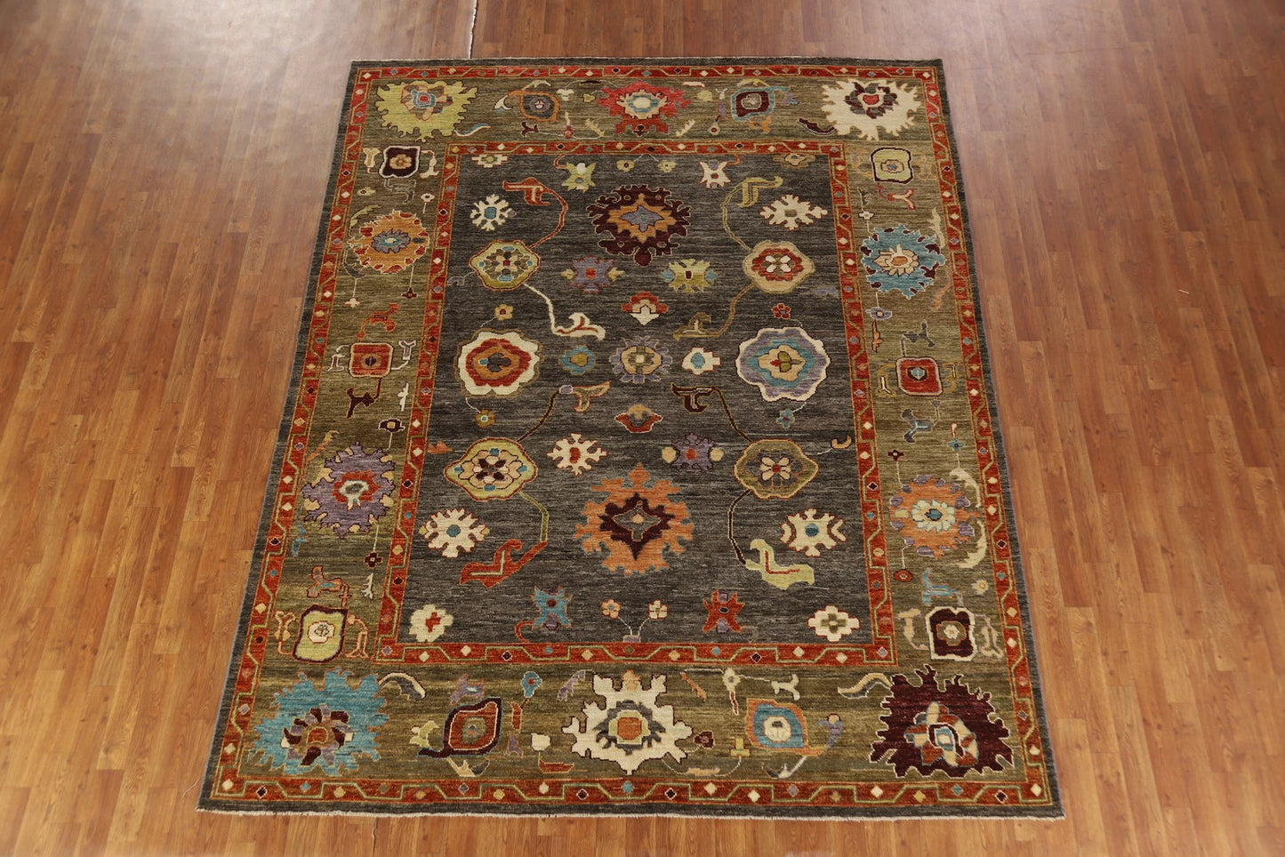 Dazzling Jewel-Tone Charcoal and Coral 8x10 Hand Knotted Oushak Multicolour All-Over Floral Wool Area Rug