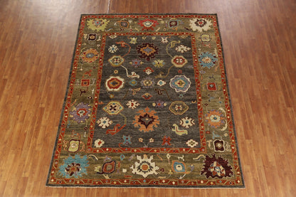 Dazzling Jewel-Tone Charcoal and Coral 8x10 Hand Knotted Oushak Multicolour All-Over Floral Wool Area Rug