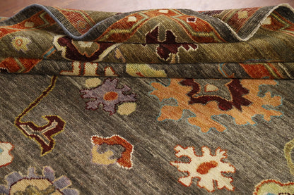 Dazzling Jewel-Tone Charcoal and Coral 8x10 Hand Knotted Oushak Multicolour All-Over Floral Wool Area Rug