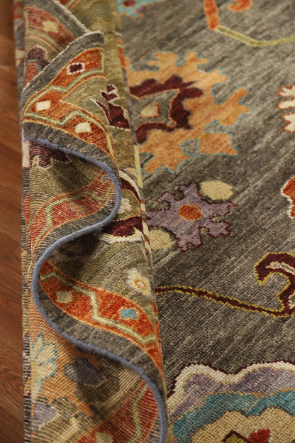 Dazzling Jewel-Tone Charcoal and Coral 8x10 Hand Knotted Oushak Multicolour All-Over Floral Wool Area Rug