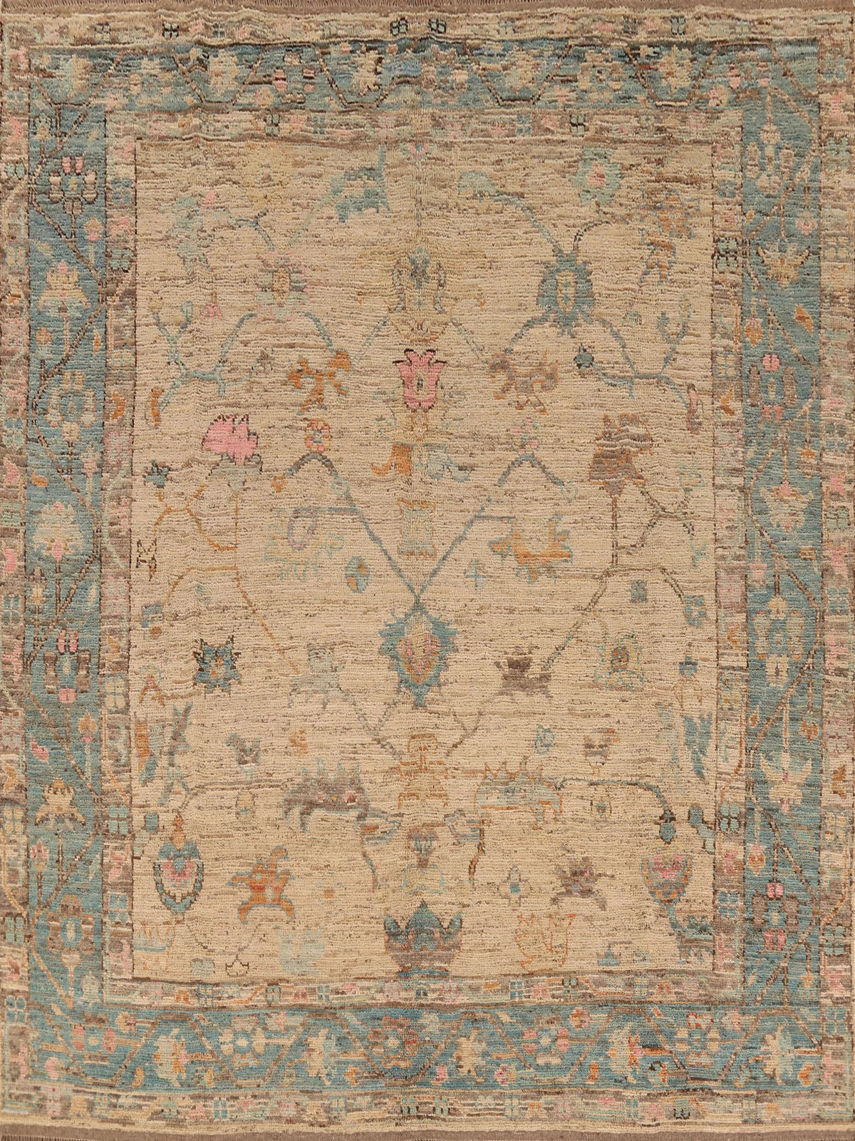 Ivory and Dusty Teal Diamond Lattice Trellis Oushak Vintage Antique Traditional 8x10 Hand Knotted Wool Area Rug