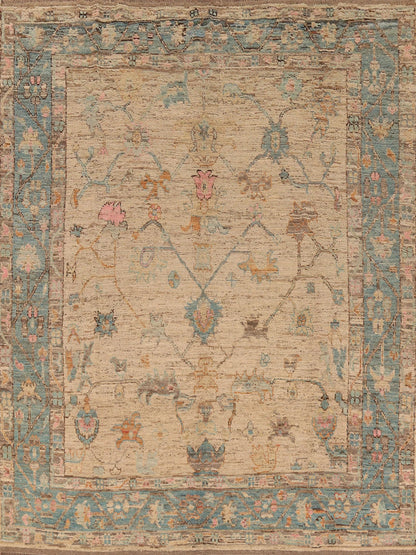 Ivory and Dusty Teal Diamond Lattice Trellis Oushak Vintage Antique Traditional 8x10 Hand Knotted Wool Area Rug