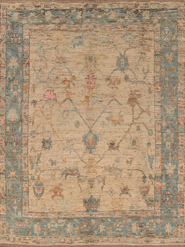 Ivory and Dusty Teal Diamond Lattice Trellis Oushak Vintage Antique Traditional 8x10 Hand Knotted Wool Area Rug