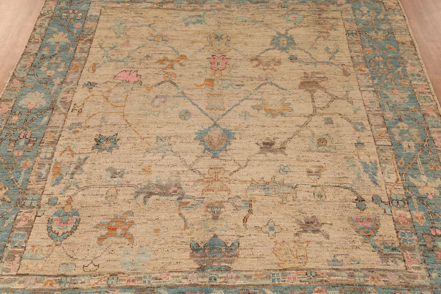 Ivory and Dusty Teal Diamond Lattice Trellis Oushak Vintage Antique Traditional 8x10 Hand Knotted Wool Area Rug