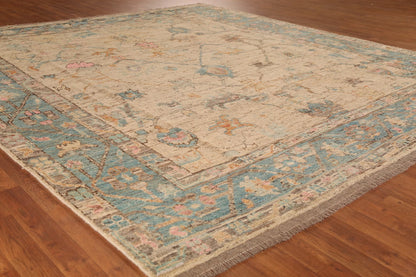 Ivory and Dusty Teal Diamond Lattice Trellis Oushak Vintage Antique Traditional 8x10 Hand Knotted Wool Area Rug