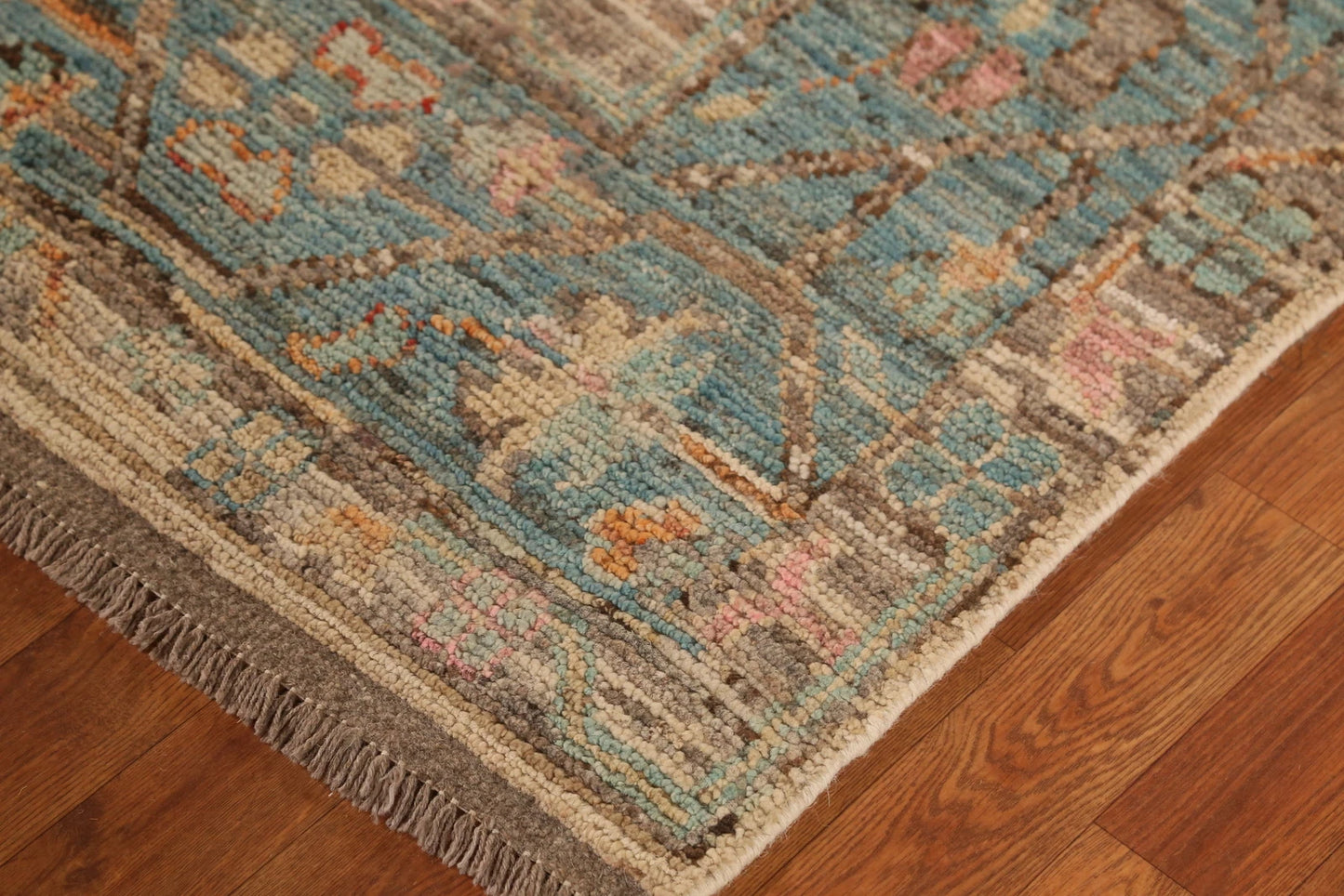 Ivory and Dusty Teal Diamond Lattice Trellis Oushak Vintage Antique Traditional 8x10 Hand Knotted Wool Area Rug