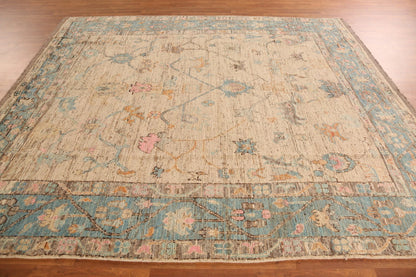 Ivory and Dusty Teal Diamond Lattice Trellis Oushak Vintage Antique Traditional 8x10 Hand Knotted Wool Area Rug