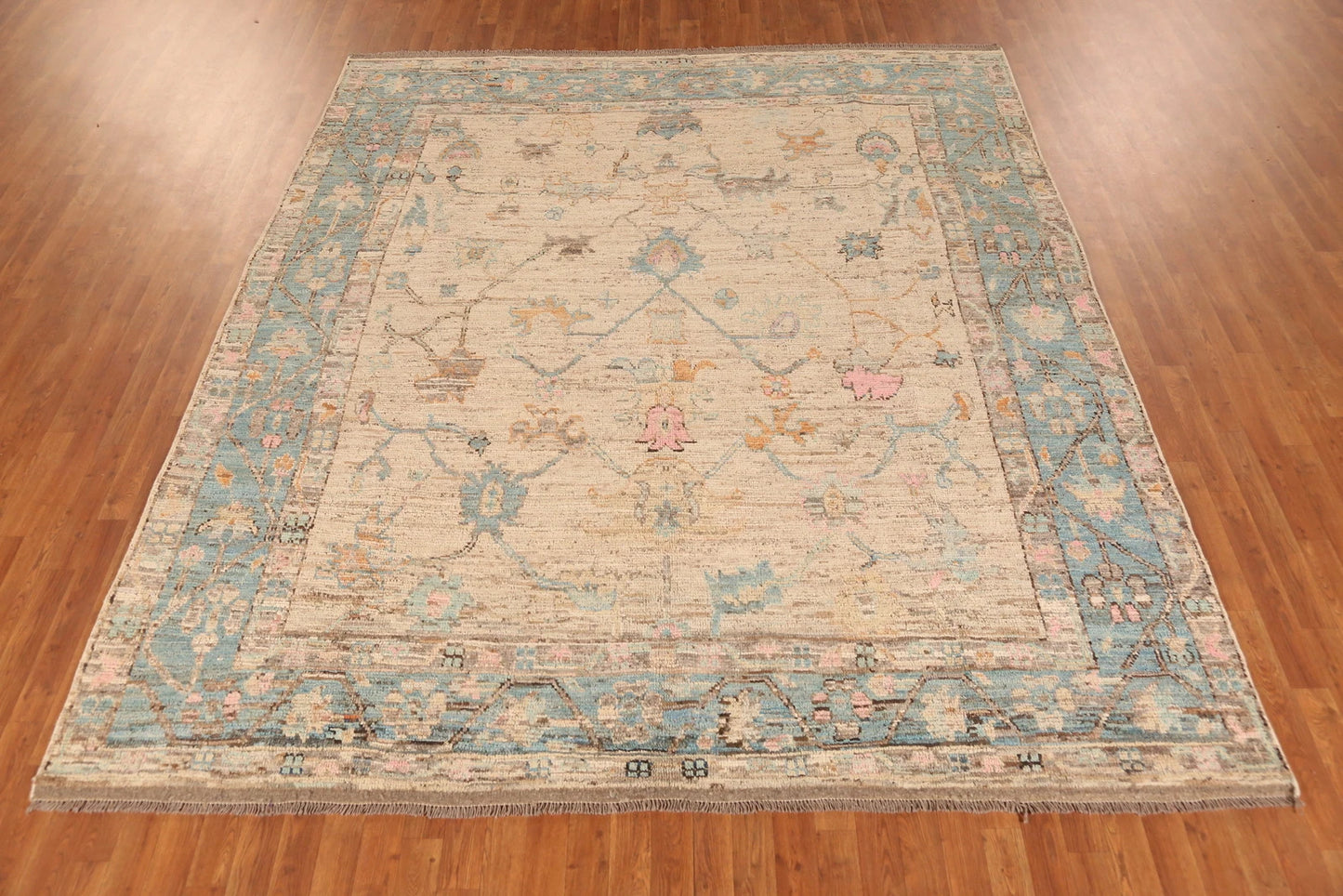 Ivory and Dusty Teal Diamond Lattice Trellis Oushak Vintage Antique Traditional 8x10 Hand Knotted Wool Area Rug