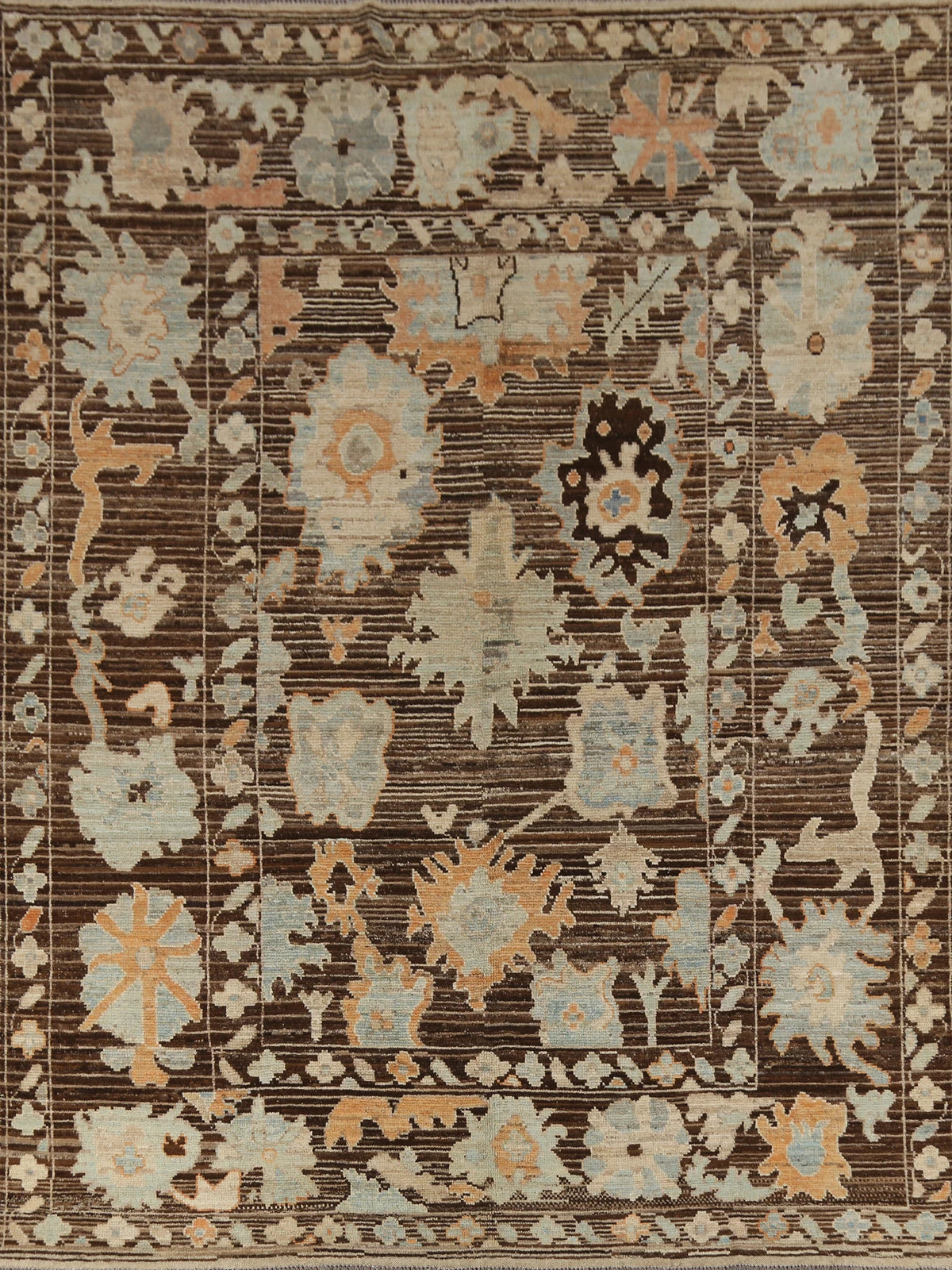 Oushak All-Over Floral Scatter Dark Chocolate Brown and Blue Hand Knotted 8x10 Vintage Antique Wool Area Rug