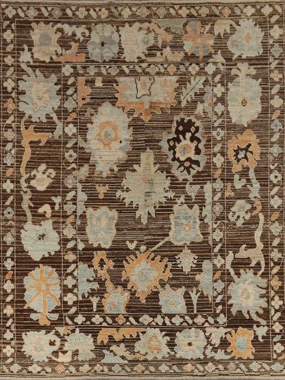 Oushak All-Over Floral Scatter Dark Chocolate Brown and Blue Hand Knotted 8x10 Vintage Antique Wool Area Rug