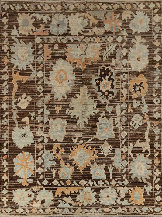 Oushak All-Over Floral Scatter Dark Chocolate Brown and Blue Hand Knotted 8x10 Vintage Antique Wool Area Rug 